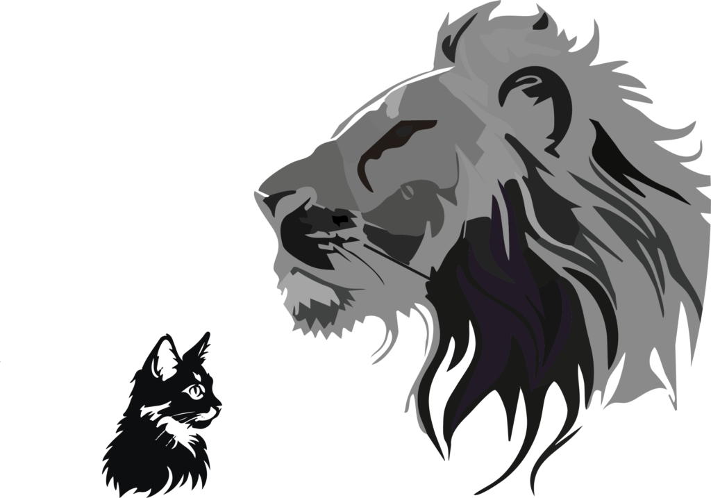 diseño de un gato frente a un león en la que el gato tiene la sensación de ser un León
